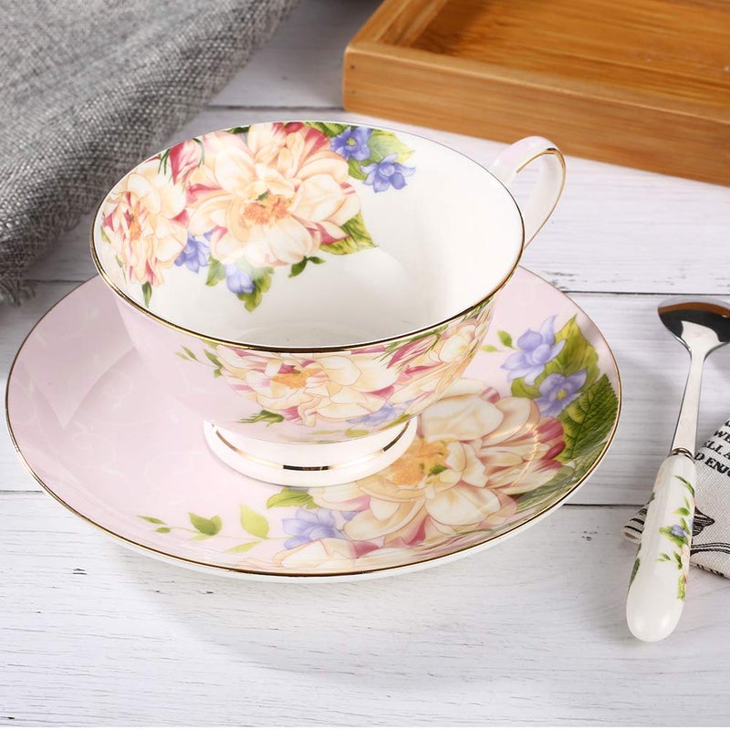 JinGlory Pink Tea Cup,Floral Tea Cup and Saucer Set,Bone China Tea Set,Coffee Cup,Tea Set for Adults/Friends/Women/Men,7OZ - Image 5